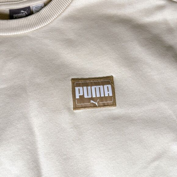 Puma Cream Sweatshirt Womens Small Beige Pullover Fleece Logo Patch Streetwear - Picture 4 of 11